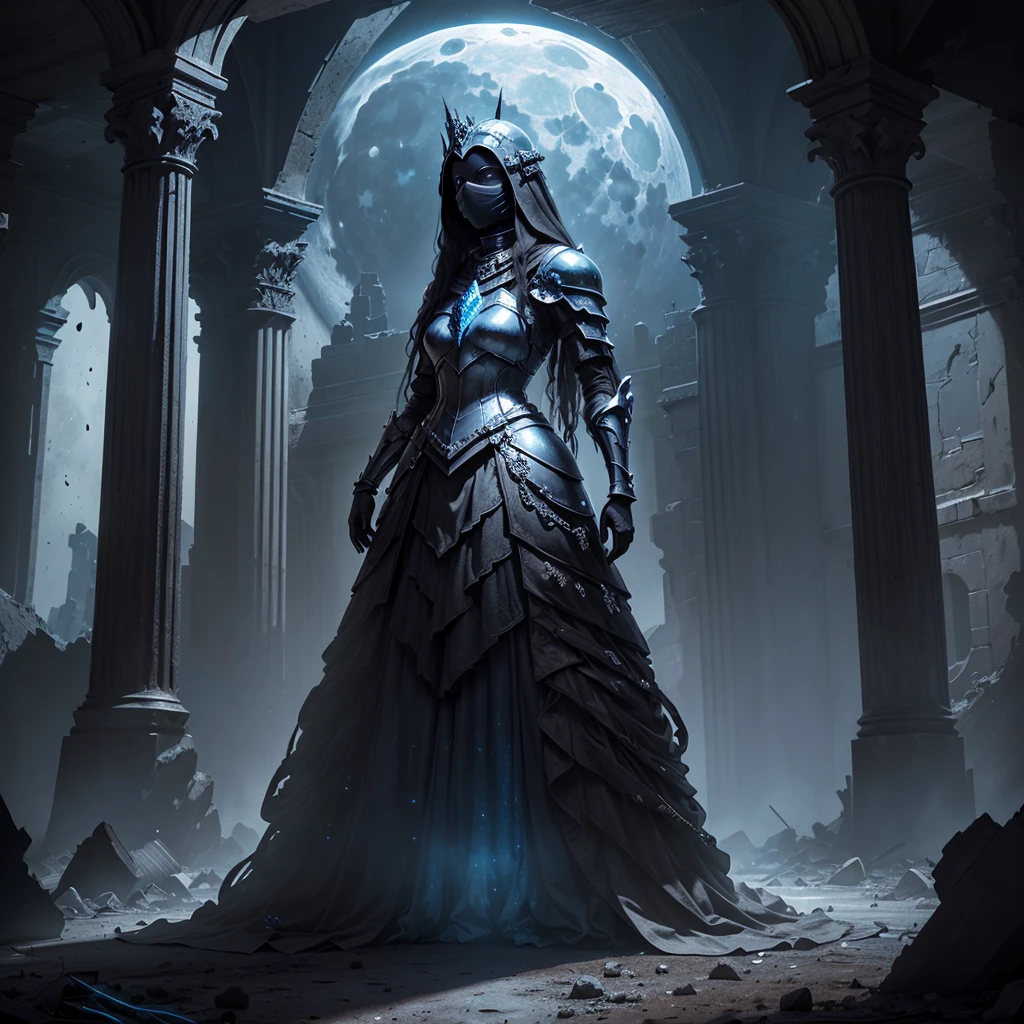 Tall old strong queen in a decrepit and old full body metallic ornamental magic armor with blue lights, with a fully enclosed helmet, (((face covered in a black void))), long white unkept hair, standing in the middle of a destroyed and abandoned throne room at night, (((in the dark))), ((moon light)), full body