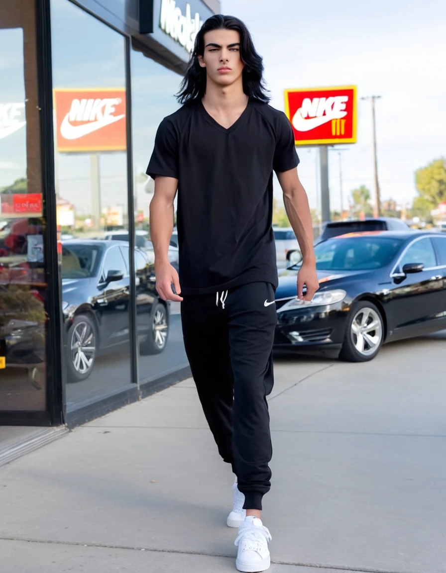 16 year old middle eastern male with shoulder length black long black hair, black v-neck tshirt, black long joggers, white nike air force shoes, muscular build, holding, outside of Mcdonalds, thin eyebrows,