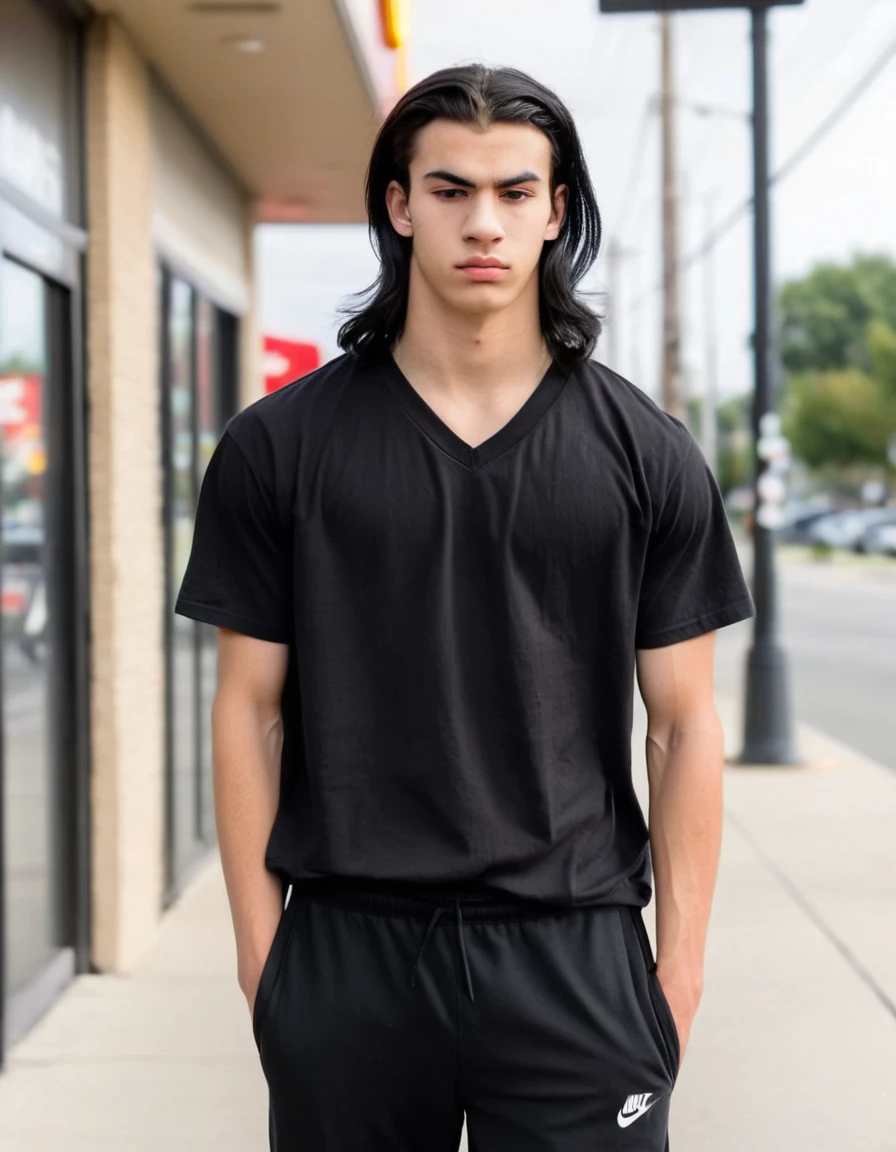 16 year old middle eastern male with shoulder length black long black hair, black v-neck tshirt, black long joggers, white nike air force shoes, muscular build, holding, outside of Mcdonalds, thin eyebrows,