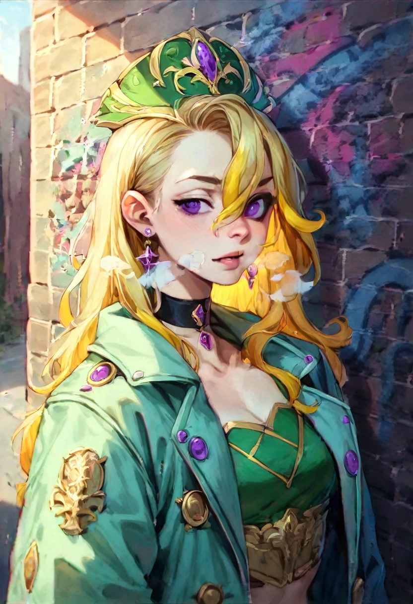 (Masterpiece, best quality, 1 girl, alone, complicated details, Chromatic aberration), realistic, ((Moderate breath)),long hair, golden hair, green headdress, Golden Highlights, hair on one eye,purple eyes, earring, sharp eyes, choker, Neon coat, open jacket, crop top, (symmetrical eyes),(Perfect symmetrical body),against the wall, Brick wall, graffiti, The light is dim., alley ,Look at the viewer.