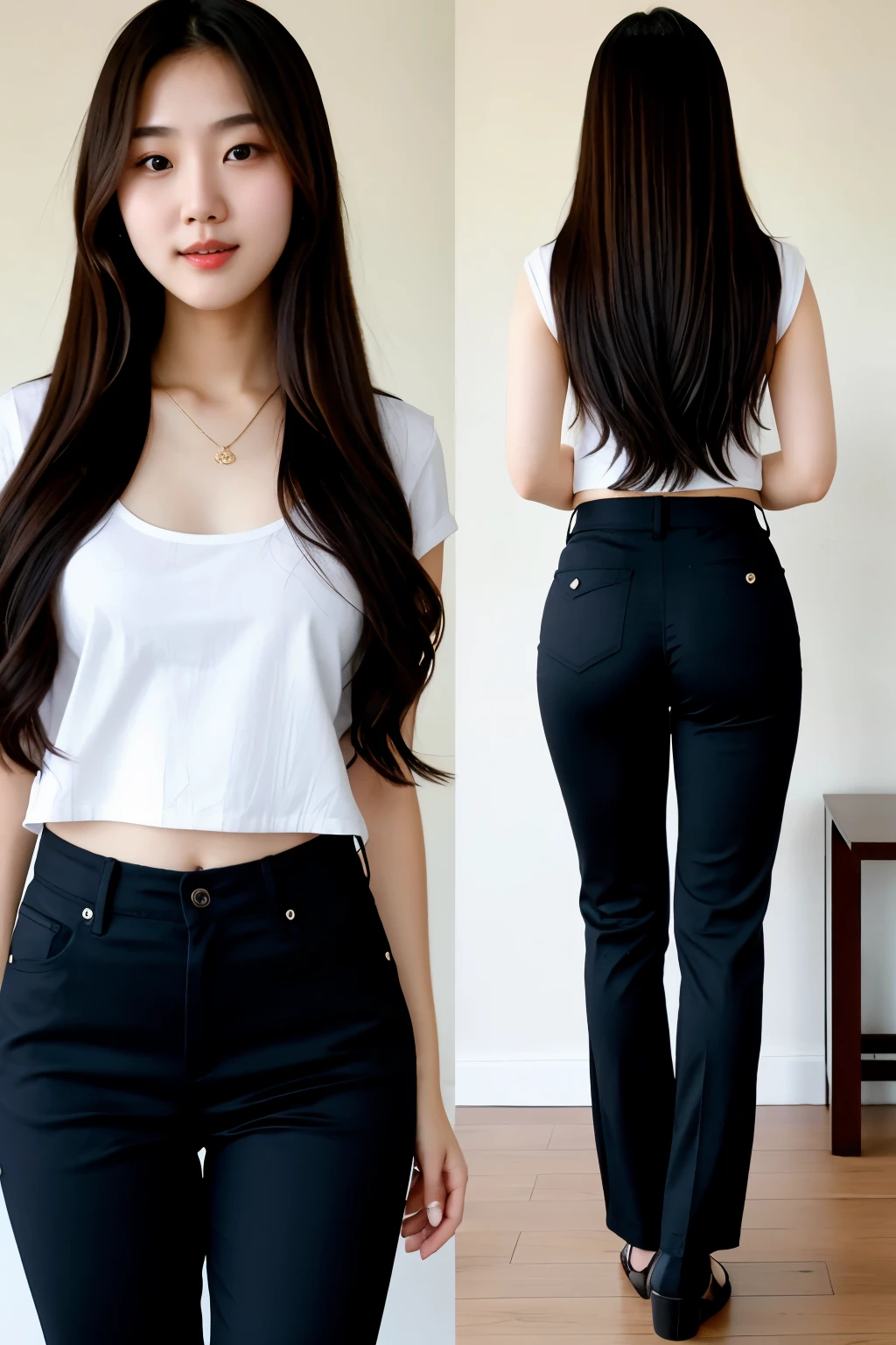 Korean girl with low-cut pants, beautiful long hair, slim butt, super realistic 4k