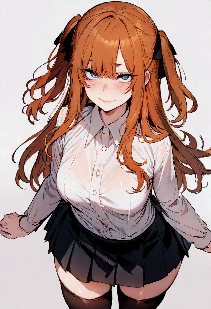 (masterpiece), best quality, expressive eyes, perfect face, 1girl, solo, blue eyes, dark orange Hair, Loose hair, hair ribbon, long hair, black ribbon, sidelocks, bangs two side up, smile, black skirt, black thigh-highs, long sleeves, miniskirt, pleated skirt, white blouse, thigh-highs, looking at viewer,