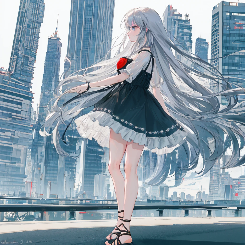 Profile of a cute and beautiful woman with long hair、Summer outfit、Eye-catching beauty、With a blurred cityscape in the background、Photographic high-resolution 8K image quality、Masterpiece、AI’s masterpiece、
