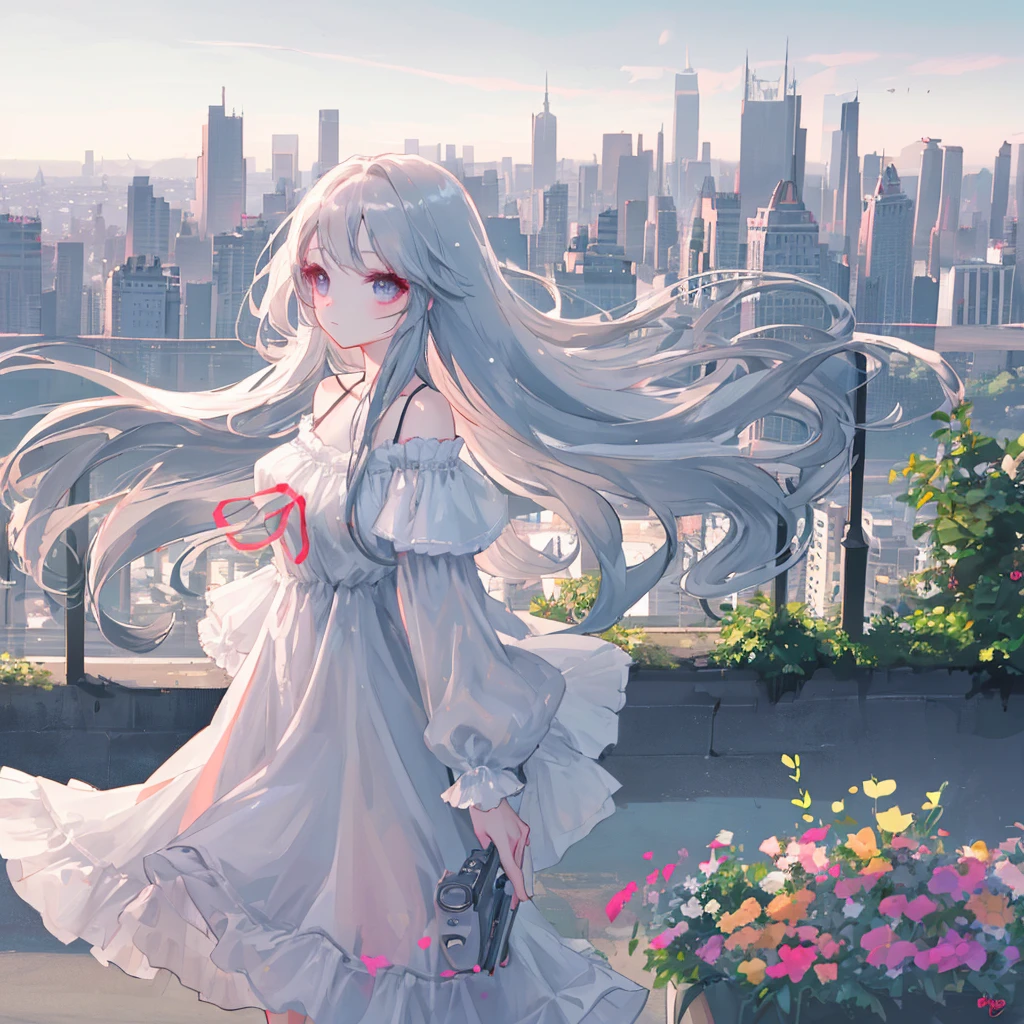 Profile of a cute and beautiful woman with long hair、Summer outfit、Eye-catching beauty、With a blurred cityscape in the background、Photographic high-resolution 8K image quality、Masterpiece、AI’s masterpiece、