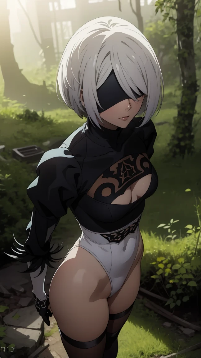 portrait of a girl, лицо близко to the camera, face close up, (((лежит on the back, the viewer looks at her from above))), POV view from above, view above it, embarrassed, (((Shows off the chest))), on the back, (very detailed eyes, pupils, Lips 1.1), blindfold, gloomy composition, gloomy background, the forest, ruins covered with moss, Tall trees, nature, the lights of a sun, very detailed. very detailed eyes, grey-blue eyes, beautiful figure, Ruin, ruined city, very detailed eyes, beautiful figure, Lucy from the anime series 1 girl, facing the viewer, beautiful figure (Correct anatomy 1.1.), full length (Full body 1.1), slim, A slim body, A slim body, slender legs, anime style, White hair, White hair, that disappear at the ends, Bob hairstyle, Cutouts on the shoulders, Cutouts on the chest, Neckline at the waist, black stockings, Black short skirt, white panties, very detailed face, Very beautiful face, very sexy, full length (Full body 1.1), маленькая elastic грудь, small ass, Красивая A slim body, Small buttocks, world, Femininity,chedevr,Best quality,very detailed,Visible to your feet, permission 8k, High sharpness, permission 8k, very detailed, 8k contract, professional lighting, photon mapping,physical rendering, perfect face, Detailed face and body, Ray tracing, expressive look, Cinmatic worlding,elastic , Increased sexuality,