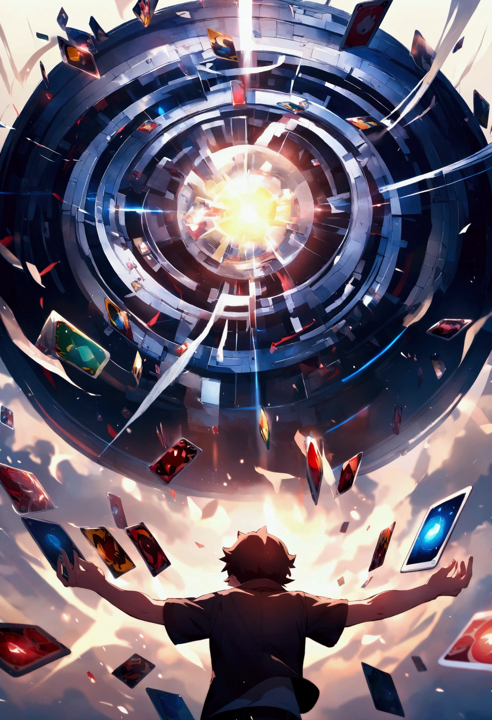 Pokémon Ash opens his hands, with Pokémon game cards suspended in the middle.
