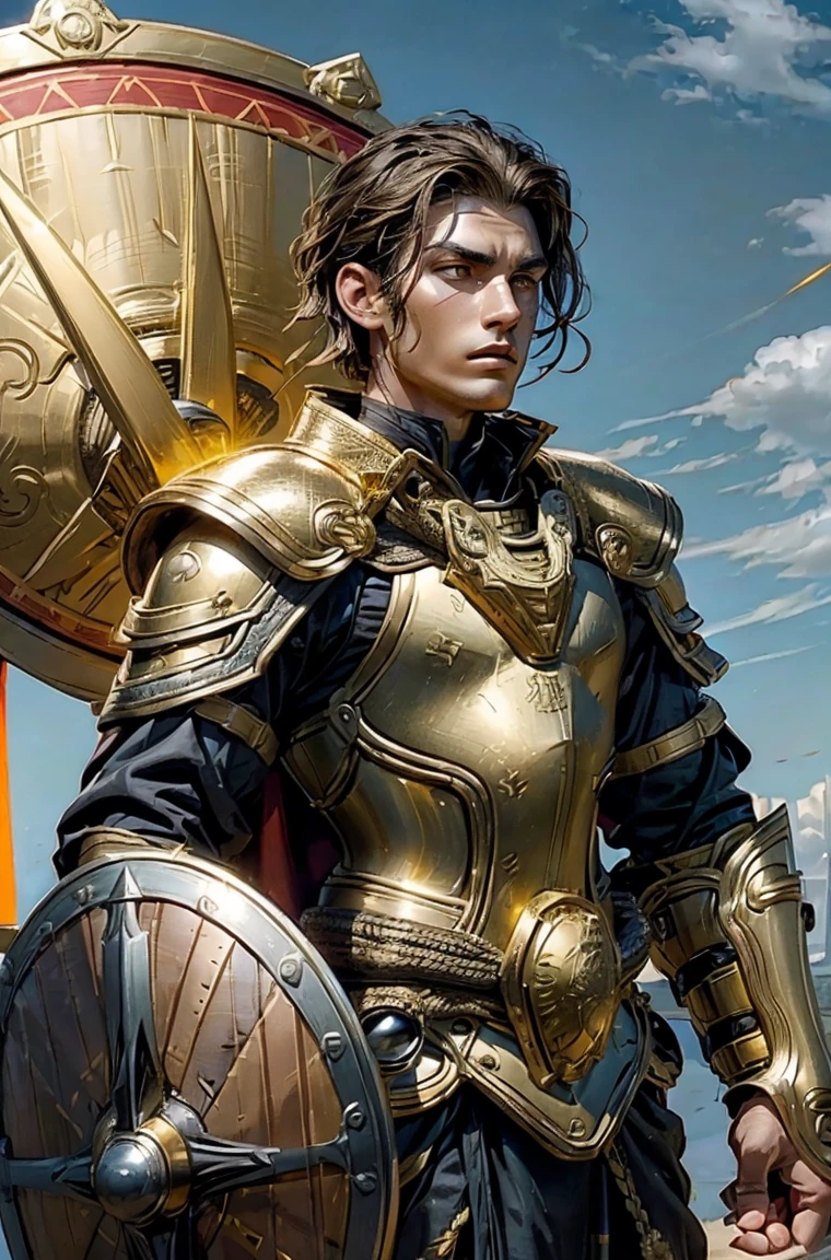 40-year-old Vetren Kiteshield a man Holding a triangular-kite-shield with a painted emblem of a sword with a golden sunburns on the shield a Man with a Short military buzz cut hair. A man with Dark-hair, muscular, with a fierce severe serious expression on his face, a five-o-clock shadow of a beard on his face. He's a soldier in red gold and silver armor with a kite shield with an emblem of a sword with a sunburst behind it on a red background. With a golden lion pauldron on one shoulder