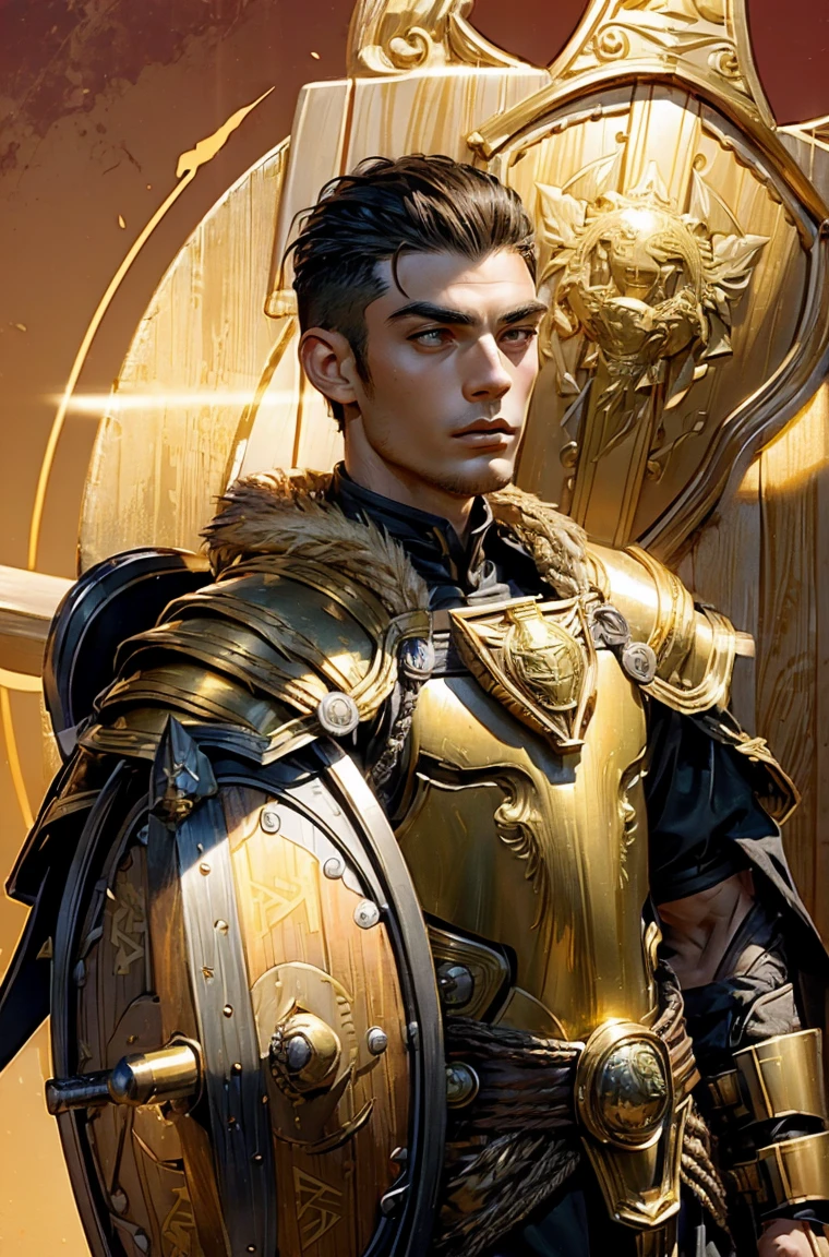 40-year-old Vetren Kiteshield a man Holding a triangular-kite-shield with a painted emblem of a sword with a golden sunburns on the shield a Man with a Short military buzz cut hair. A man with Dark-hair, muscular, with a fierce severe serious expression on his face, a five-o-clock shadow of a beard on his face. He's a soldier in red gold and silver armor with a kite shield with an emblem of a sword with a sunburst behind it on a red background. With a golden lion pauldron on one shoulder