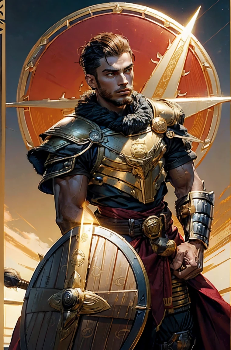a man Holding a trangular kite shield with a painted emblem of a sword with a golden sunburns on the shield a Man with a Short military buzz cut hair. A man with Dark-hair, muscular, with a fierce severe serious expression on his face, a five-o-clock shadow of a beard on his face. He's a soldier in red gold and silver armor with a kite shield with an emblem of a sword with a sunburst behind it on a red background. With a golden lion pauldron on one shoulder