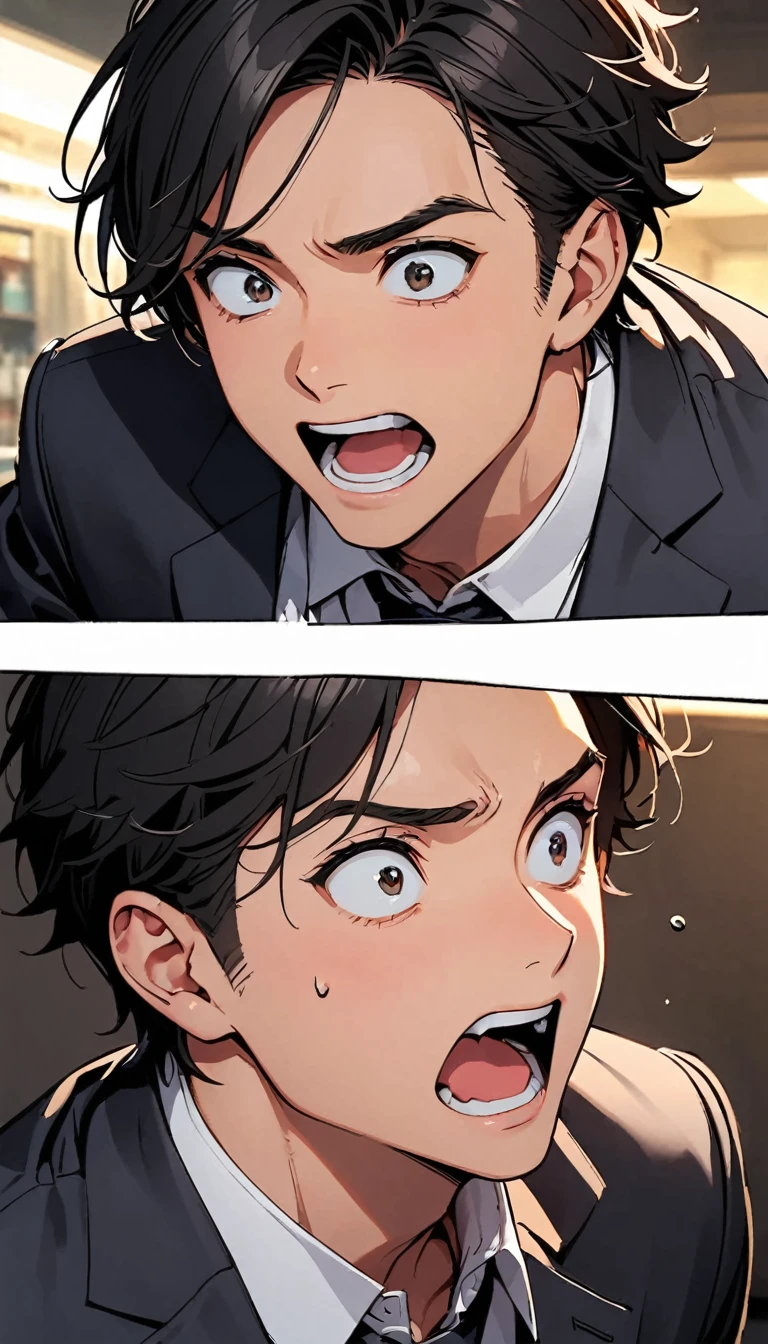 A handsome man with short black hair is wearing a charcoal gray suit. He has his mouth wide open, showing a very surprised expression.

