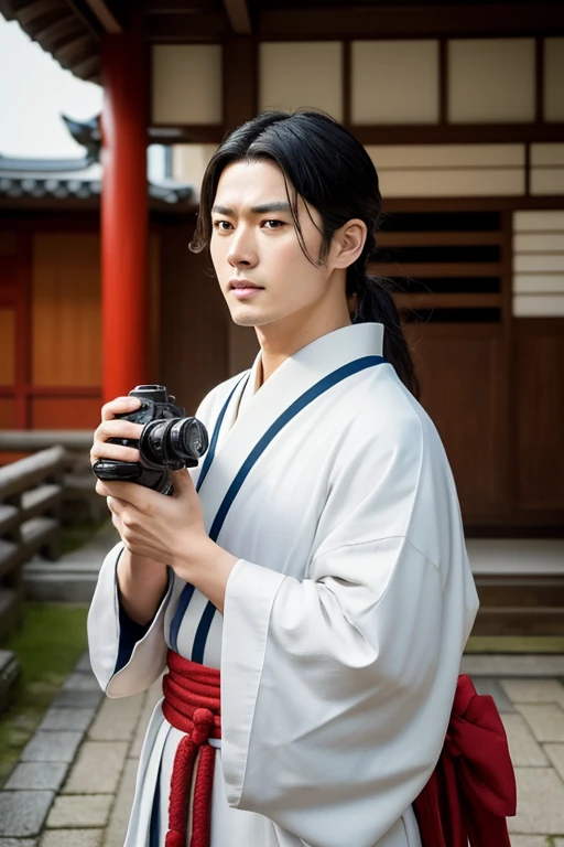 understood。Here is a modified version of the prompt:。
"Generate an image of Sakamoto Ryoma holding a camera with a firm grip, set against a backdrop reminiscent of late Edo-period Japan. Ryoma is portrayed with his distinctive features: his long, neatly tied-back black hair in a traditional chonmage style. He wears a dignified kimono adorned with a subtle yet elegant pattern, paired with hakama and haori. His face exudes determination with sharp eyes and prominent cheekbones, reflecting his intellectual vigor.
In this scene, Ryoma stands confidently in a serene setting, such as a garden or by a tranquil riverbank, capturing the essence of historical Japan. The background should feature elements like traditional Japanese architecture or lush natural scenery, enhancing the period ambiance.
Please create two versions of the image: one in vibrant colors to emphasize the vividness of the scene, and another in sepia tone to evoke a nostalgic, historical atmosphere. Ensure that Ryoma's pose with the camera conveys his pioneering spirit and his pivotal role in Japan's modernization."