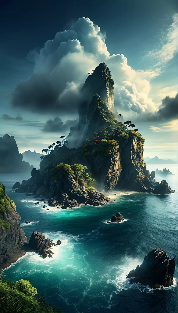 a mysterious and inaccessible dark fantasy island, rocky and rugged coastline, tall mountains with peaks hidden in the clouds, dragon island, ominous atmosphere, dramatic lighting, moody and dramatic colors, (best quality,4k,8k,highres,masterpiece:1.2),ultra-detailed,(realistic,photorealistic,photo-realistic:1.37),dramatic lighting,moody colors,dark fantasy,horror,fantasy,dramatic clouds,rocky mountains,fog,mist,dramatic coastline,jagged rocks,dragon,mystical island,dense forests,overgrown vegetation,abandoned structures,ruins,crumbling architecture
