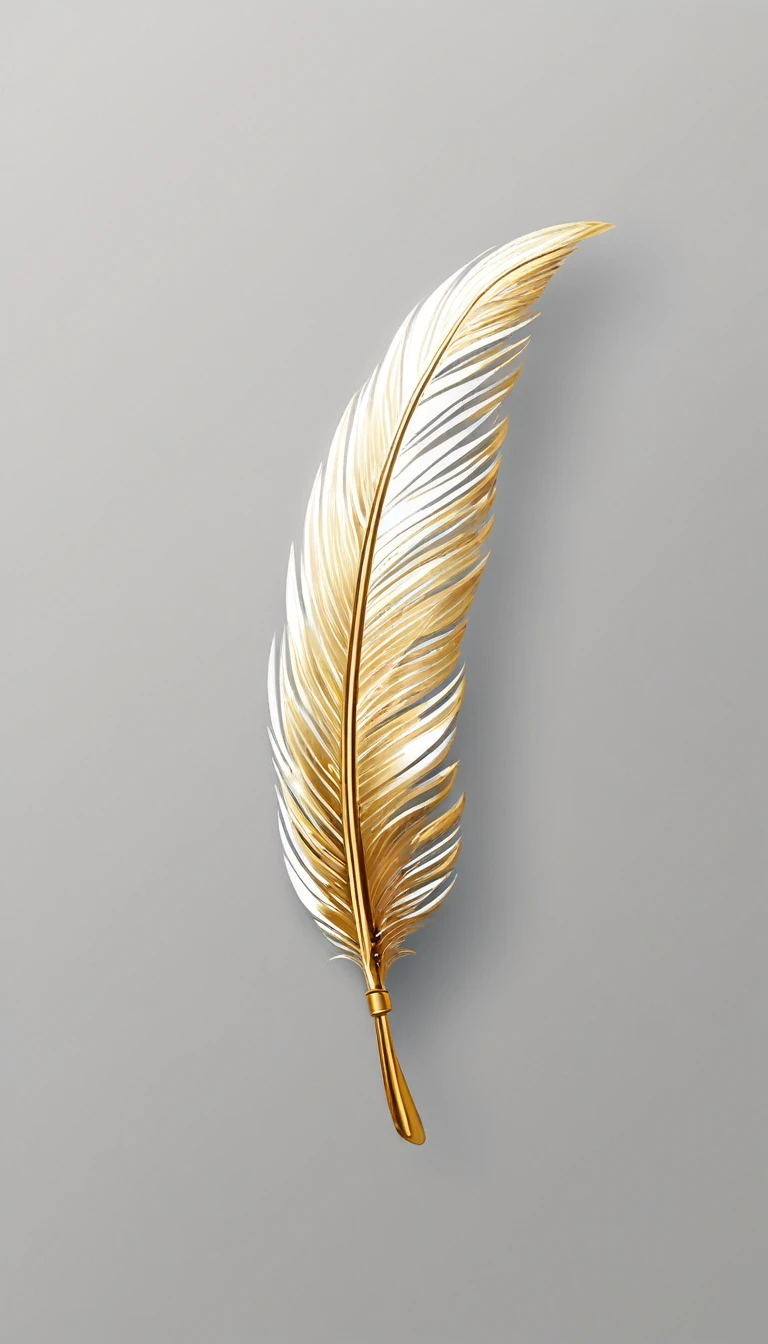 A minimal, modern, simple, cinematic logotype for the brand “Penamemoria". The logotype must be a simple, magical golden feather with white wings. The logo must convey a sense of music, stories and dreams. Minimalistic logo