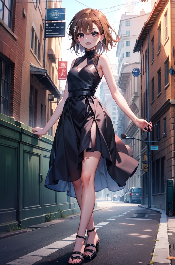 Mycotrose, Brown eyes,Brown Hair,short hair,One side up,Small breasts,Flower Hair Ornaments,happy smile, smile, Open your mouth,Sleeveless dress,Long skirt,Heeled Sandals,Walking,whole bodyがイラストに入るように, break looking at viewer, whole body, break outdoors, Coastal street with buildings, break (masterpiece:1.2), Highest quality, High resolution, unity 8k wallpaper, (shape:0.8), (Beautiful and beautiful eyes:1.6), Highly detailed face, Perfect lighting, Extremely detailed CG, (Perfect hands, Perfect Anatomy),
