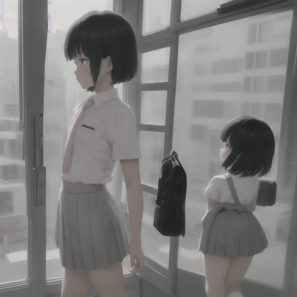 Asian teen, sharp face, small nose, pink small lips, grey asian eyes, grey short bangs, white school shirt, pink short tie, grey short skirt, short white socks, black fancy shoes, rear view profile view, window view