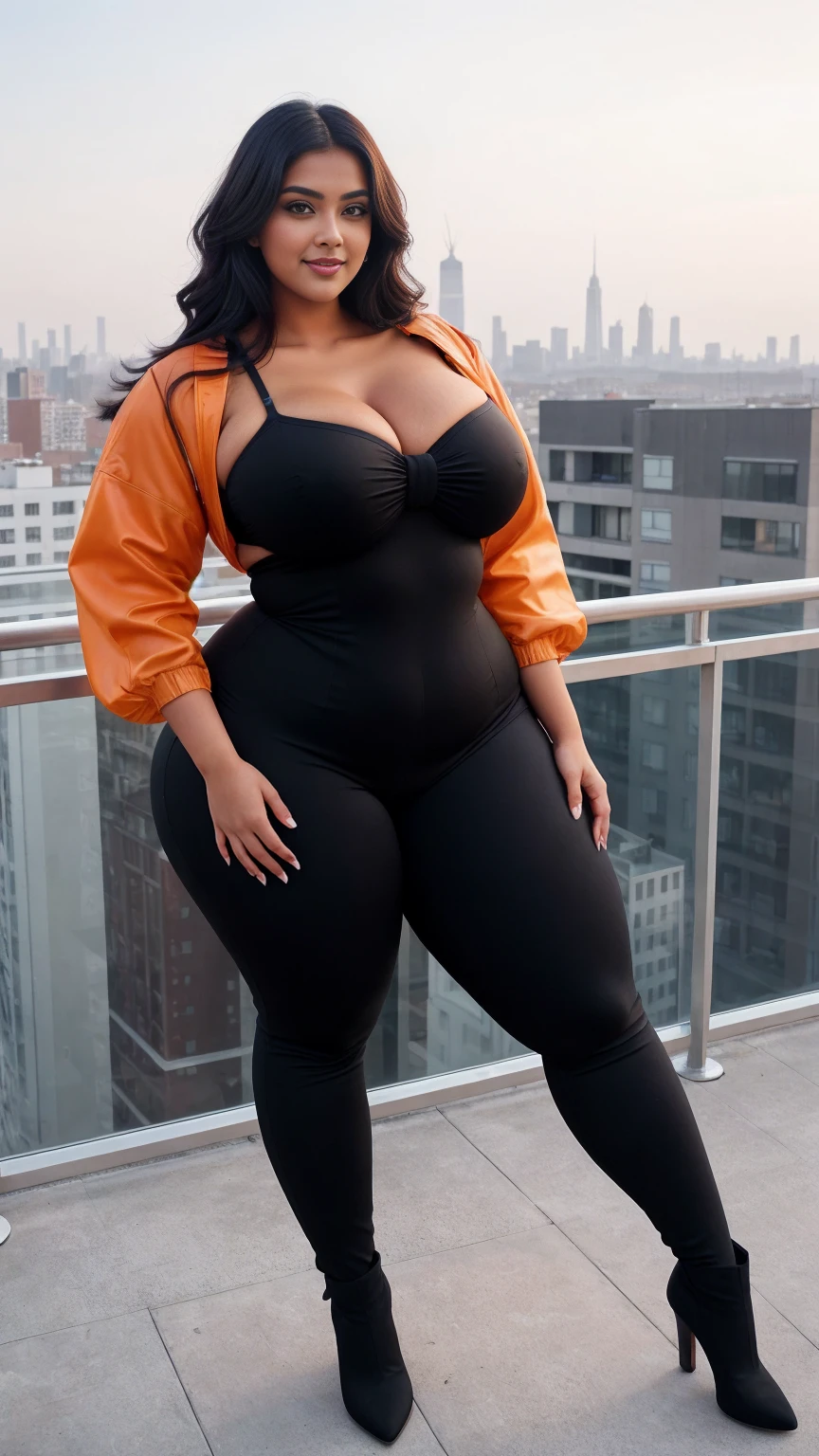 swastika mukharjee Indian beautiful woman curvy plus size hour glass bulky huge figure woman, closeup camera view, big huge m-cup breast, wearing SHEIN Young Girl Heart Pattern Urban Fashionable & Cool Jumpsuit Color: orange , covered Bust , elegant standing position, eye contact view, different style hairstyle, bright eyes, thin eyebrows, fair skin, blushing cheeks, prefect head to toe view, full body, ideal for high-fashion or editorial shoots, ultra realistic skin texture, head to toe view, full body shot, full body view, smile face, black hair, Indian face, perfect skin tone light, ultra realistic skin texture, bigger waist, busty, big hips, fleshy thighs, thick thighs, busty, full body view, Rooftop Terrace: Chic urban setting with city views.