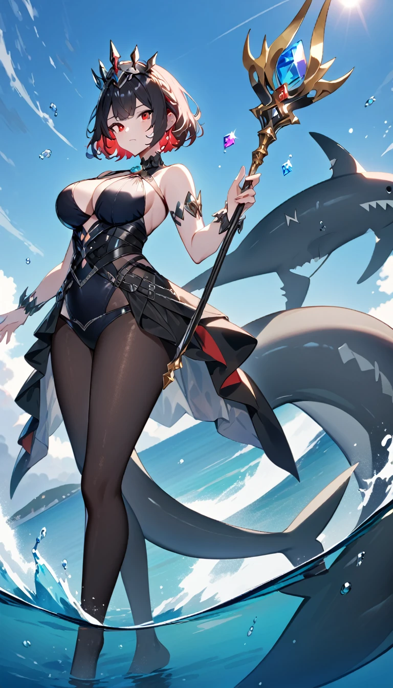 A queen standing on water,blue sea, blue sky,short hair,Red eyes,Full figure,chest,Black pantyhose,Swimsuit with colorful gemstones,Black shark tail,Holding a scepter
