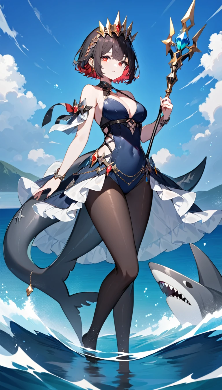 A queen standing on water,blue sea, blue sky,short hair,Red eyes,Full figure,chest,Black hose,Swimsuit with colorful gemstones,Black shark tail,Holding a scepter
