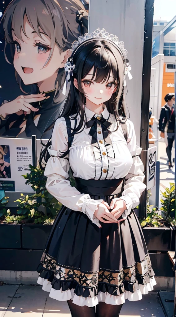Cosplay girls，Mature girl，Big breasts，Big breasts，mature body，Clothes with bells and whistles，lace，Lace decoration，cosplay，Card issuance，猫耳Card issuance，Card issuance耳朵，Gorgeous clothes，Anime style girl，Lolita style，洛丽塔Short skirt，Close-up above the waist镜头，Close-up above the waist，Close-up above the waist，Close-up above the waist，Coordinated body proportions，Golden ratio figure，Short skirt，Modern Background，Big Ass，Modern Background，Comic Con background，Comic Con background，Comic Con background，Background of the venue，Hilarious background，Exhibition Background，Knee socks，Silk socks，Silk texture，maternal，maternal，kindliness，Smile，Smile，Married Woman，Long hair