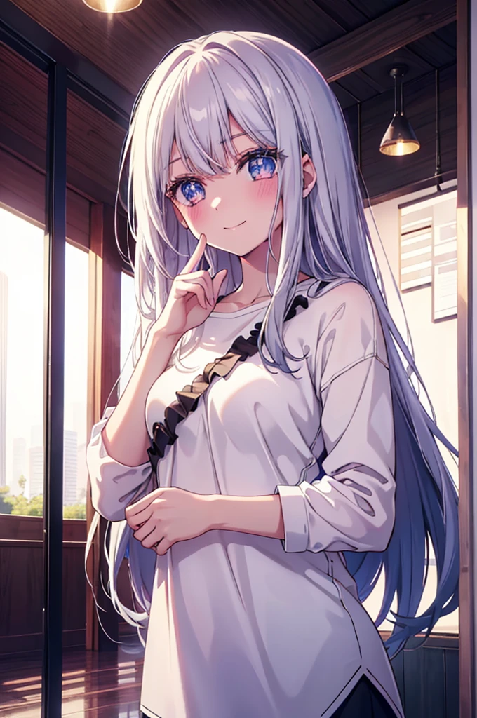 1.5, best quality, high quality, High definition, High quality texture, high detail, beautiful detailed, finely detailed, extremely detailed cg, detailed texture, ((ANIME)), 1girl, woman, female, ((casual)), silver hair, long hair, straight hair, starry eyes, smiling, model, casual clothing, trendy
