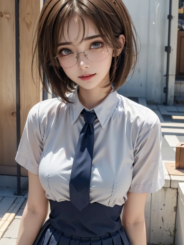 One Japan , Cute Girls, , (school uniform), (White shirt), (red neck tie), (Navy blue pleated skirt), miniskirt, Skirt fluttering in the wind, Facing the camera, Are standing, perfection female form, perfection face, Glossy pink lips, Expressive eyes, eye shadow, eyeliner, Huge natural breasts, (Narrow waist), light brown hair, short hair, (floating hair), expressive hair, (over-rim glasses:1.3), mole under eye, eyeball, (crying with eyes open), (streaming tear), long eyelashes, (smile while crying), (cowboy shot), UHD, masterpiece, accurate, anatomically correct, textured skin, super detail, high details, high quality, best quality,