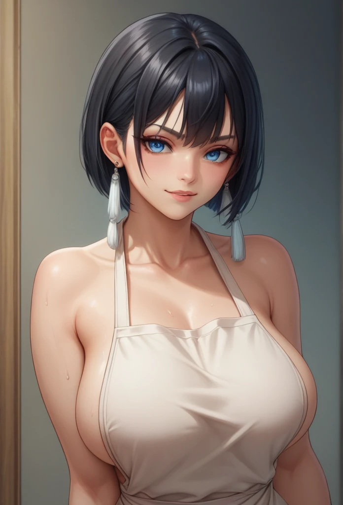 score_9, score_8_up, score_7_up, score_6_up, score_5_up, score_4_up, yu hee, blue eyes, black hair, short hair, large breasts, naked wet apron, oversized tassel earrings,big earrings , biting lips