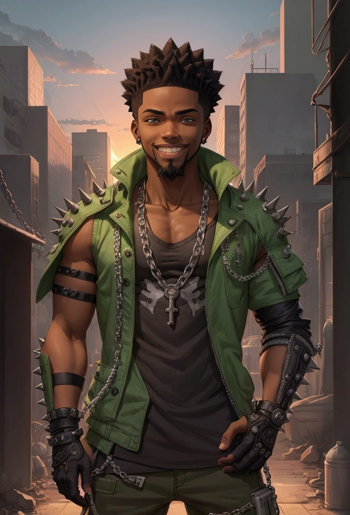 (front focus), Post Apocalypse background, Anime - style illustration of a young adult male with an oversize green tank top and chain around his waist, "(best quality,ultra-detailed),detailed right hand,(Fingerless Glove,Gloved hands), | | |, male anime character, City background, Sunset gradient background, Faded haircut, Black teenager, Young African-American man, smiling, goatee, spiky afro hairstyle