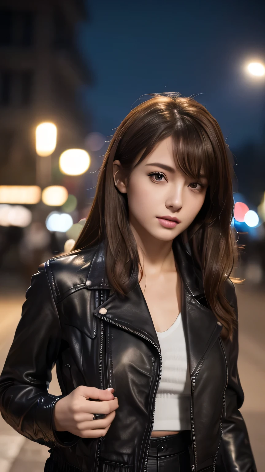 ((Realistic lighting, Highest quality, 8K, masterpiece: 1.3)), Clear focus: 1.2, One girl, Perfect figure: 1.4, Slim Abs: 1.1, ((Dark brown hair)), (black leather jacket: 1.4), (Outdoor, night: 1.1), street, Super detailed face, Beautiful Eyes, double eyelid,