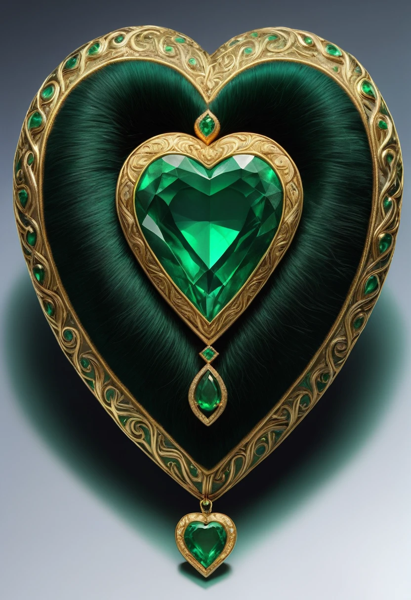 emerald heart, with gold embossing, in silk and sable fur, a lot of details, realistically, 8 K,