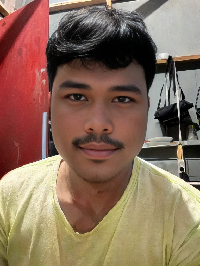 there is a man that is sitting down with a plate of food, south east asian with round face, 8k selfie photograph, 28 years old man, face picture, without beard and mustache, (28 years old), 28 years old