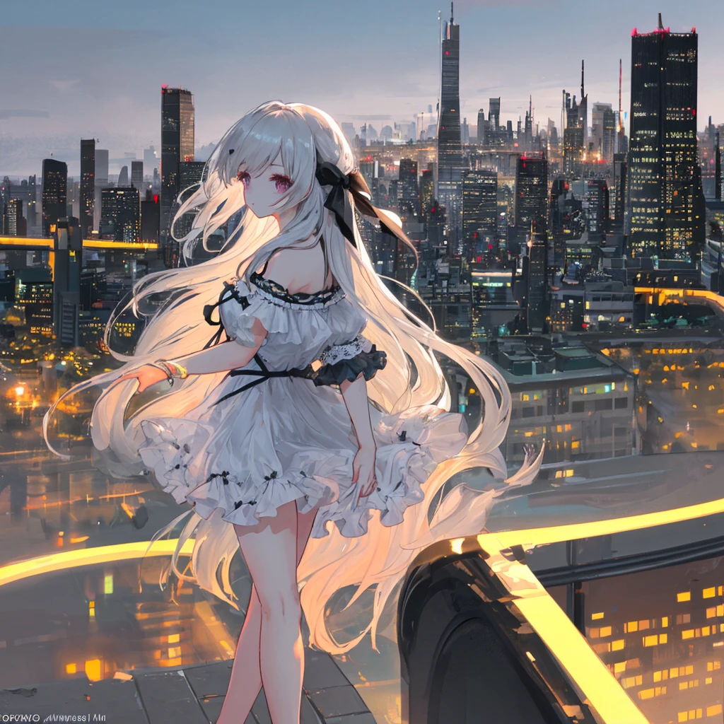 Profile of a cute and beautiful woman with long hair、Summer outfit、Eye-catching beauty、With a blurred cityscape in the background、Photographic high-resolution 8K image quality、Masterpiece、AI’s masterpiece、With the same subject