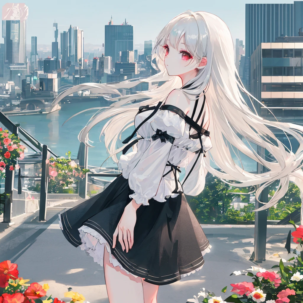 Profile of a cute and beautiful woman with long hair、Summer outfit、Eye-catching beauty、With a blurred cityscape in the background、Photographic high-resolution 8K image quality、Masterpiece、AI’s masterpiece、With the same subject