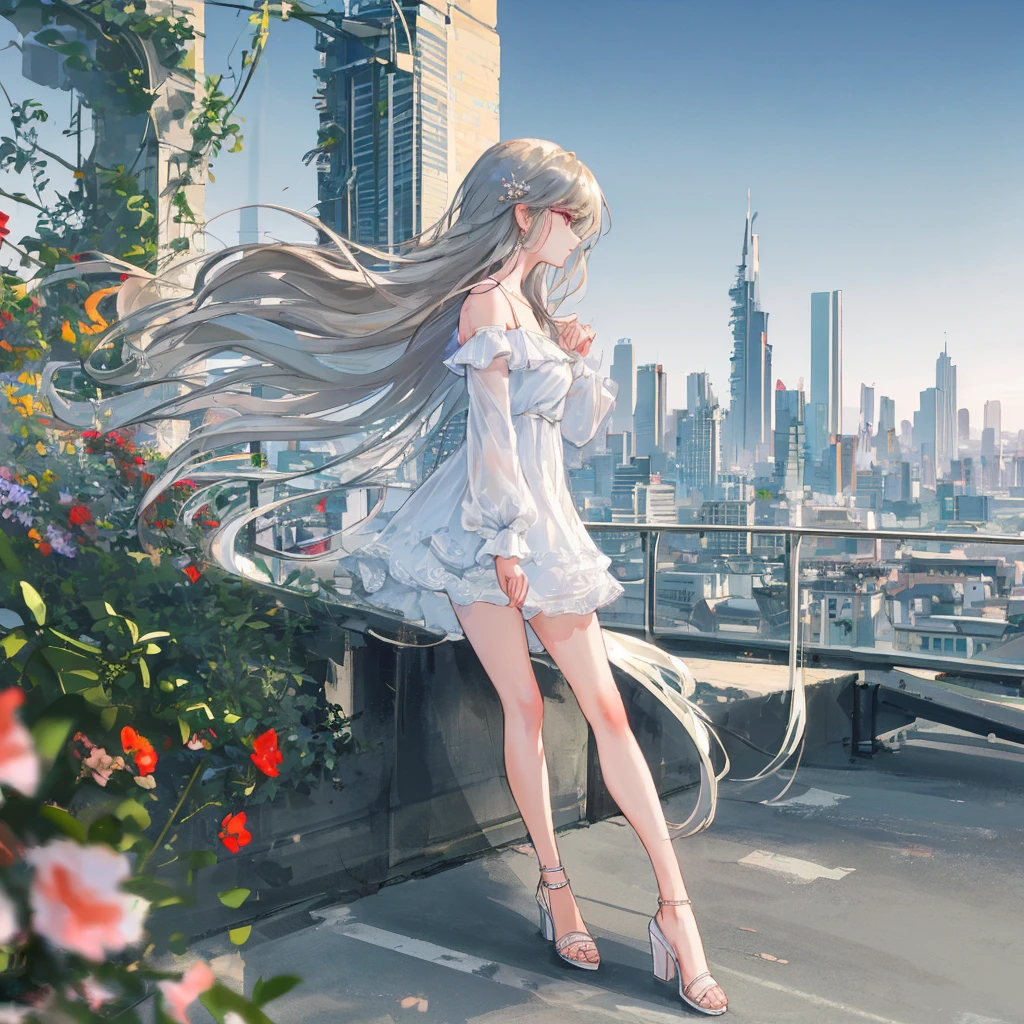 Profile of a cute and beautiful woman with long hair、Summer outfit、Eye-catching beauty、With a blurred cityscape in the background、Photographic high-resolution 8K image quality、Masterpiece、AI’s masterpiece、With the same subject