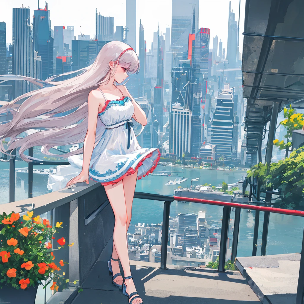 Profile of a cute and beautiful woman with long hair、Summer outfit、Eye-catching beauty、With a blurred cityscape in the background、Photographic high-resolution 8K image quality、Masterpiece、AI’s masterpiece、With the same subject