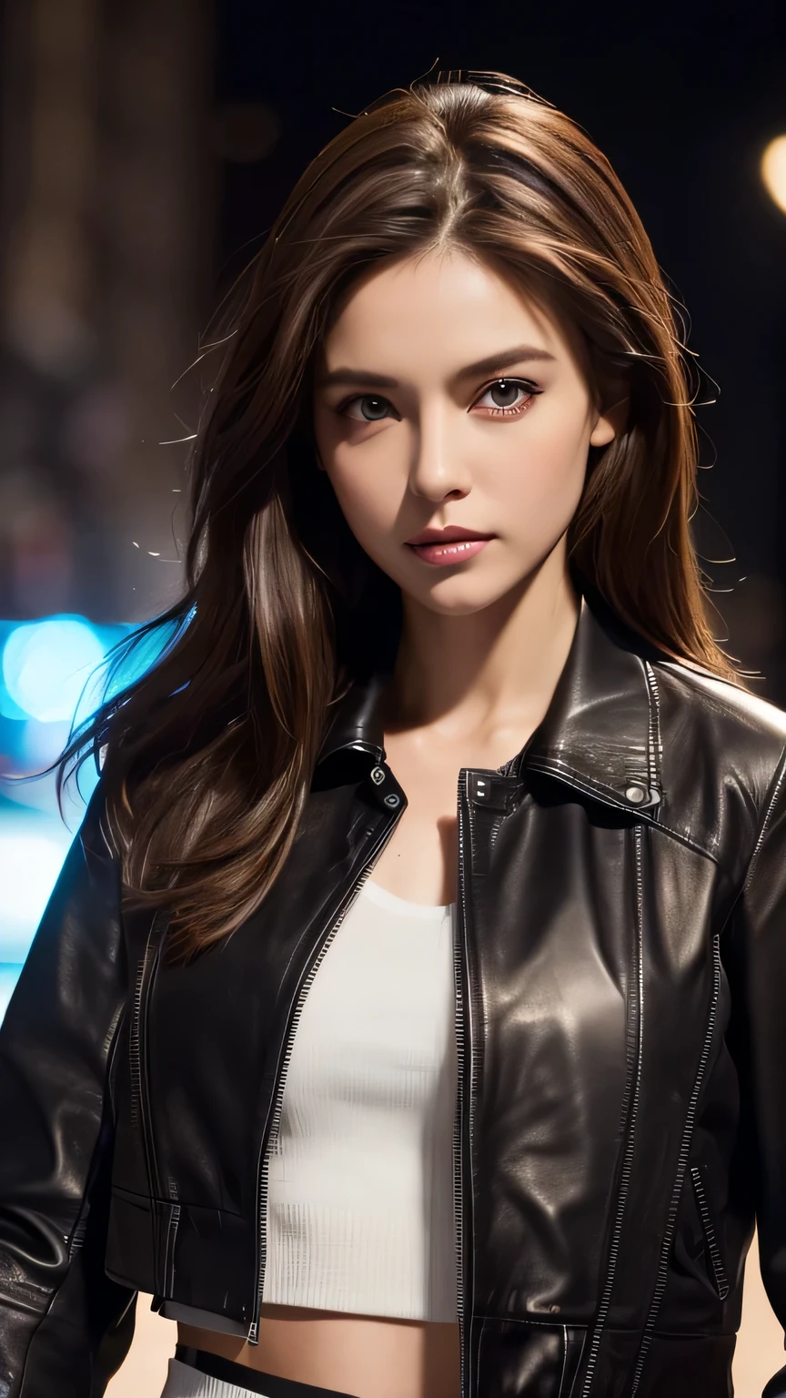 A close up of a woman in a black leather jacket - SeaArt AI