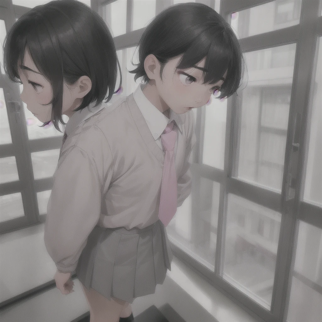 Asian , sharp face, small nose, pink small lips, grey asian eyes, grey short bangs, white school shirt, pink short tie, grey short skirt, short white socks, black fancy shoes, rear view profile view, window view