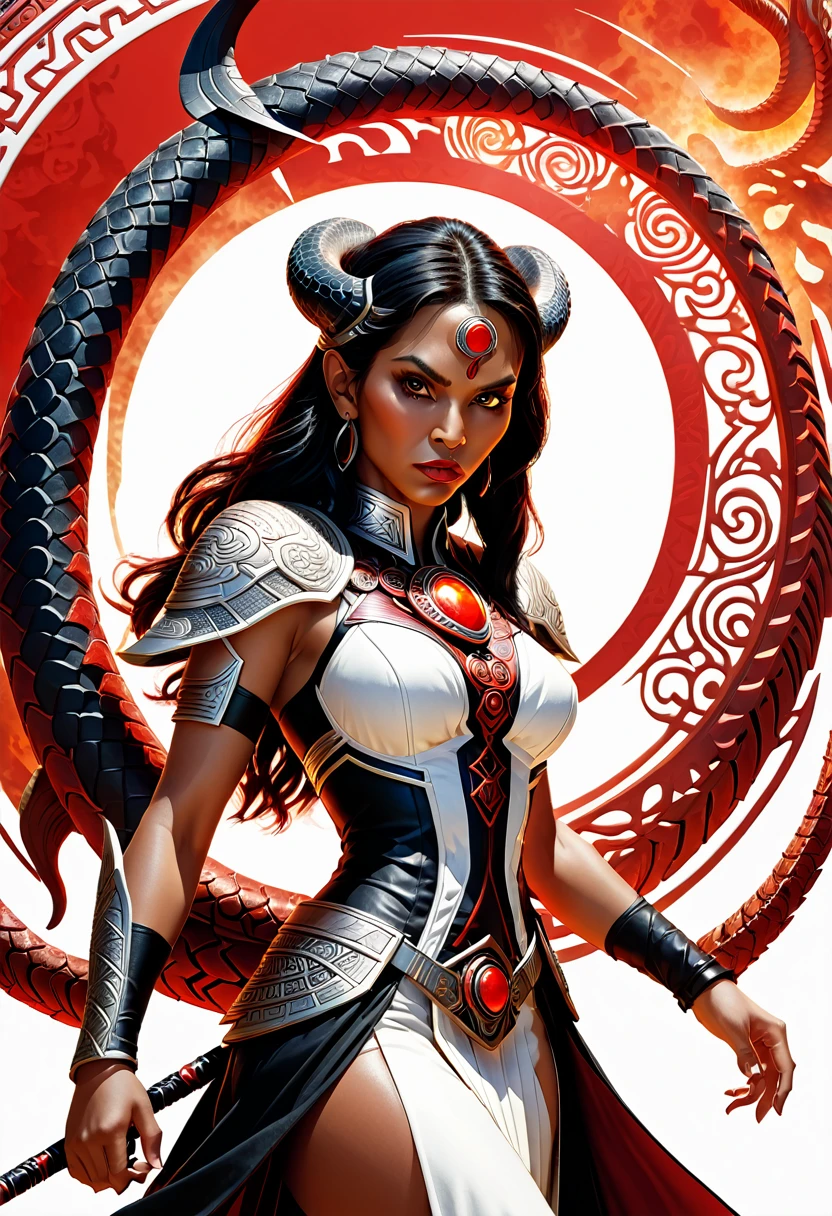 Slayer of Apep, Elara, Legacy of the Red Sun, 666 art background, white background, cinematic 3D render, ultra realistic, intricate details, --ar 16:9