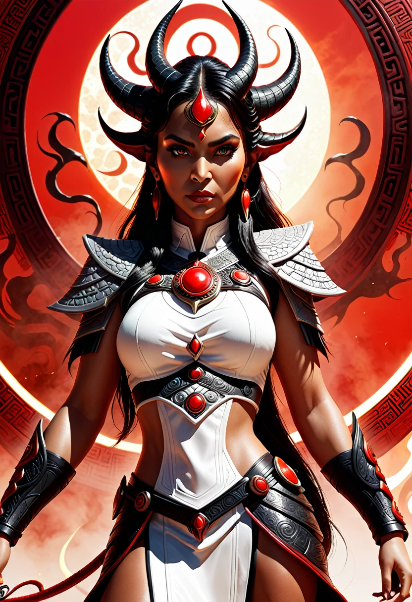 Slayer of Apep, Elara, Legacy of the Red Sun, 666 art background, white background, cinematic 3D render, ultra realistic, intricate details, --ar 16:9