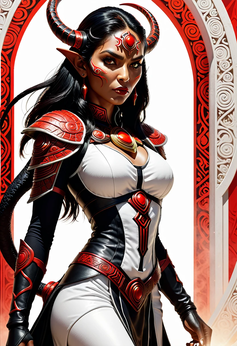 Slayer of Apep, Elara, Legacy of the Red Sun, 666 art background, white background, cinematic 3D render, ultra realistic, intricate details, --ar 16:9