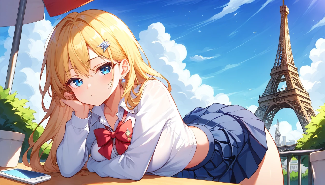 ((1girls:1.3)),((moe style:1.3)), ((school uniform:1.3)), ((bored look:1.3)), cowboy shot, ((phone:1.3)), ((eiffel tower:1.3)), ((perfect face)), ((extremely cute:1.3)), ((masterpiece:1.3)), ((8k)), ((best quality:1.3)), ((beautiful)), ((extremely detailed:1.3)) , ((absurdres)), ((score_9:1.3)), ((score_8_up:1.3)), ((score_7_up:1.3)), AddXL,Expressiveh