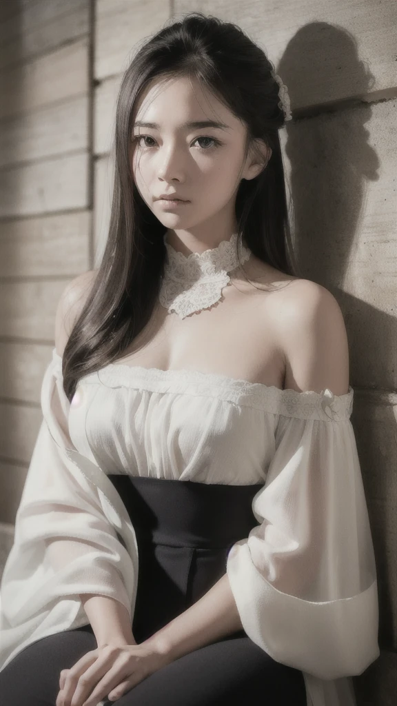 Best quality, masterpiece, ultra high res, (photorealistic:1.4), raw photo, (Authentic skin texture:1.3), (film grain:1.3), panorama, character portrait, very wide shot, narrow waist, cowboy shot, (in the dark, deep shadow, low key, cold light,) night, close-up,
indoor, dust, Tyndall effect, sad, disappointed, gloom (expression), sitting, (against wall), crying, frown, (head bowed), nervous, tearing up, lonely,
1girl, beautiful detailed eyes and face, white jabot, off shoulder, brown eyes,