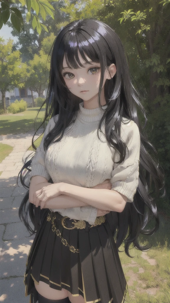 (absurdres), (intricate details), (extremely detailed), (looking at viewer), (masterpiece:1.2),(best quality:1.2), 
(girl), (shiny skin:1.2), cinematic, (upper body), medium breasts, outdoors, town, natural wavy, very long hair,
 bang, (black_theme), curious face, black hair, day with sunlight,
(knit with skirt), standing,
short_sleeves, thighhighs,
belt,