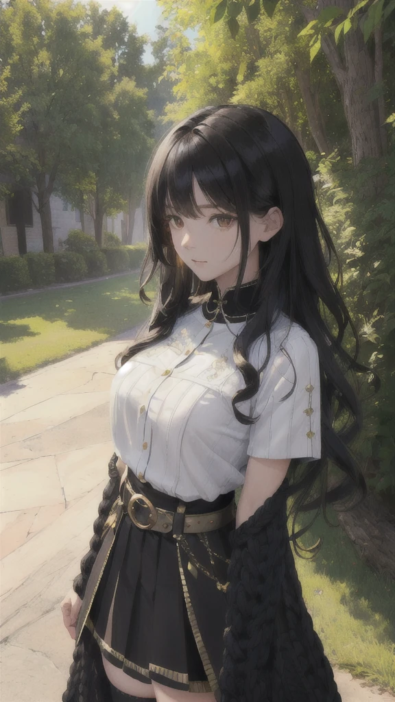 (absurdres), (intricate details), (extremely detailed), (looking at viewer), (masterpiece:1.2),(best quality:1.2),
(girl), (shiny skin:1.2), cinematic, (upper body), medium breasts, outdoors, town, natural wavy, very long hair,
bang, (black_theme), curious face, black hair, day with sunlight,
(knit with skirt), standing,
short_sleeves, thighhighs,
belt,