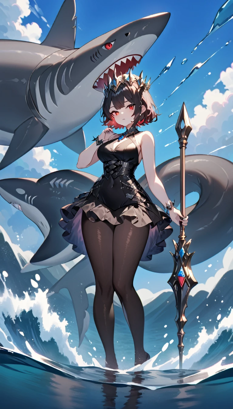 A queen standing on water，blue sea, blue sky，short hair，Red eyes，Full figure，Black pantyhose，Swimsuit with colorful gemstones，Black shark tail，Holding a scepter