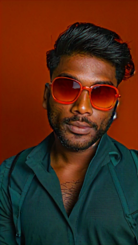 there is a man wearing sunglasses and a backpack posing for a picture, with accurate face, with sunglass, jayison devadas style, jayison devadas, wearing orange sunglasses, portait photo profile picture, profile picture, with lovely look, profile pic, with sunglasses, harsh good looking face, ayan nag, very very low quality picture change background foggy forest