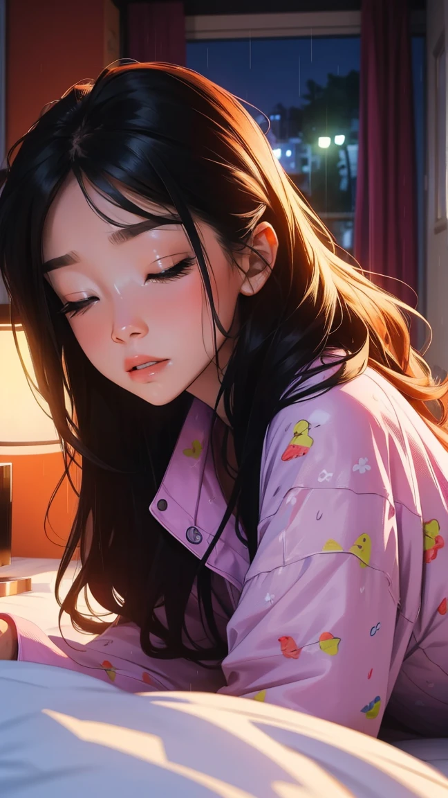 Sleeping in bed at home,There is a TV,Outside the big window, the night rain,beautiful girl, UHD Portrait, (high quality) (Super detailed) pajamas; different, colorful, Long hair in color 🌈