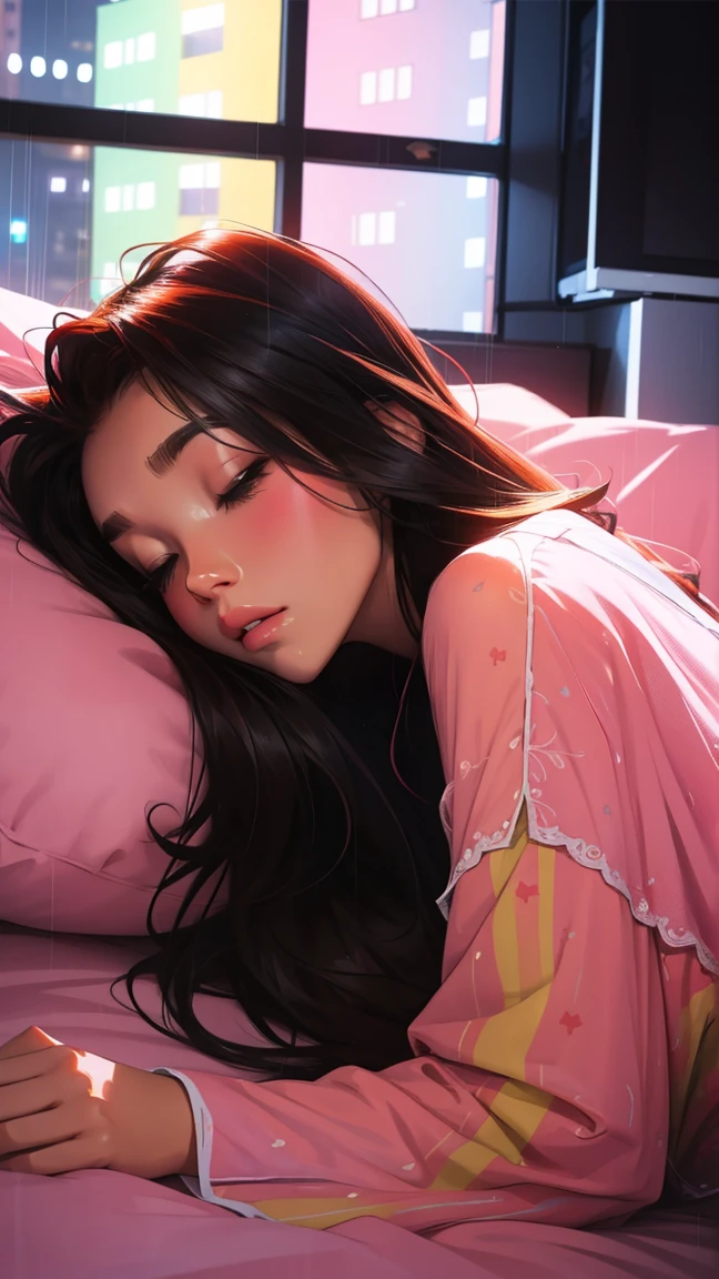 Sleeping in bed at home,There is a TV,Outside the big window, the night rain,beautiful girl, UHD Portrait, (high quality) (Super detailed) pajamas; different, colorful, Long hair in color 🌈