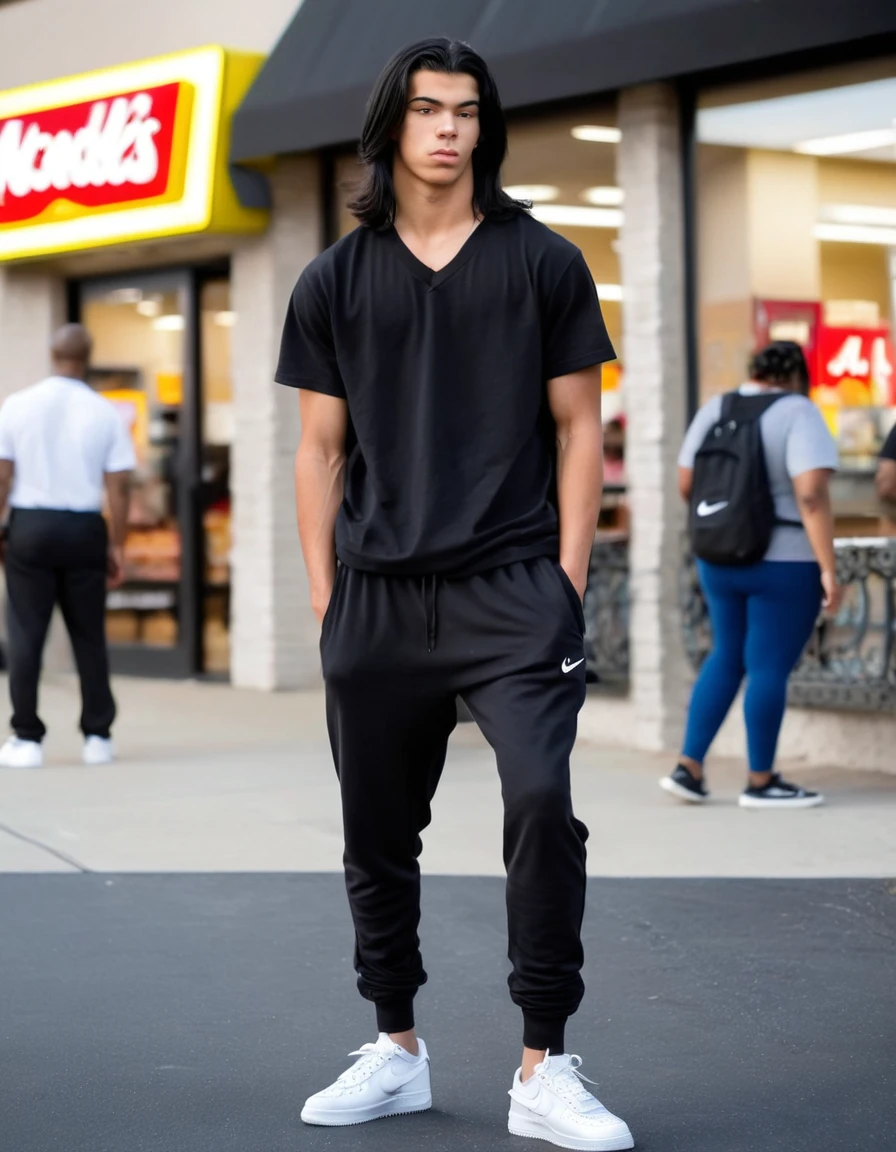  middle eastern male with shoulder length black long black hair, tan skin, black v-neck tshirt, black long joggers, white nike air force shoes, muscular build, holding, outside of Mcdonalds, thin eyebrows,