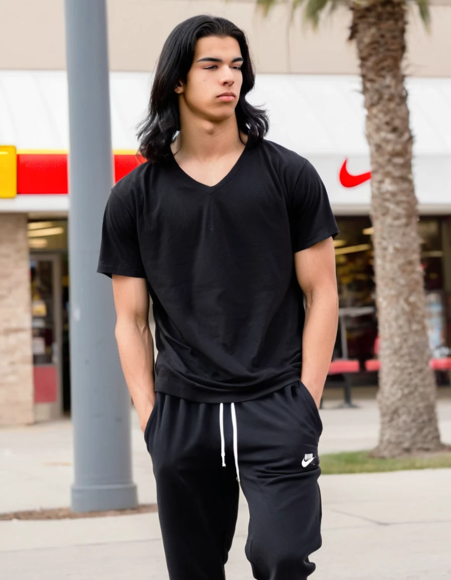 16 year old middle eastern male with shoulder length black long black hair, tan skin, black v-neck tshirt, black long joggers, white nike air force shoes, muscular build, holding, outside of Mcdonalds, thin eyebrows,