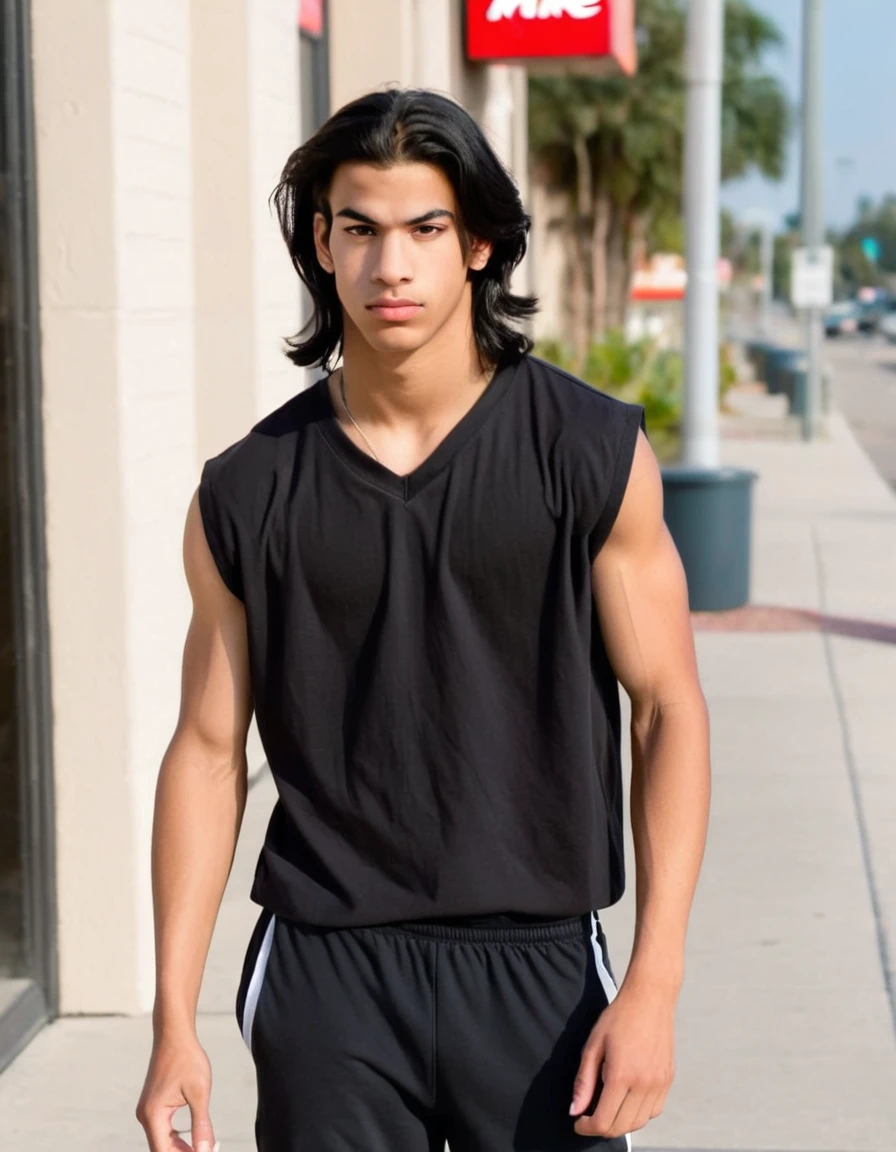16 year old middle eastern male with shoulder length black long black hair, tan skin, black v-neck tshirt, black long joggers, white nike air force shoes, muscular build, holding, outside of Mcdonalds, thin eyebrows,